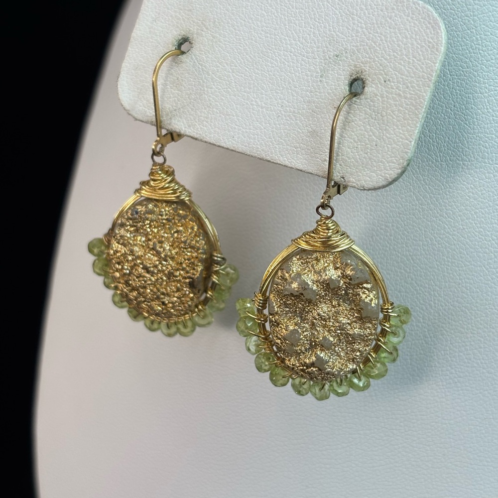 Handcrafted Gold and Green Beaded Dangle Earrings